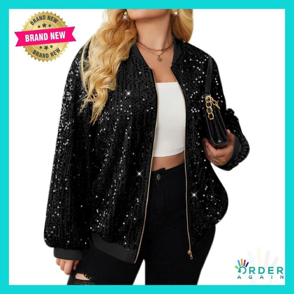 Sequin Bomber Jacket Sparkle Y2K Casual Blazer Long Sleeve Front Zip Loose Fit